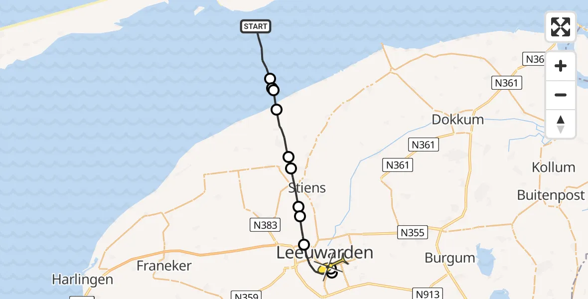 Routekaart van de vlucht: Ambulanceheli naar Leeuwarden, Robbentocht WL35 Brakzand