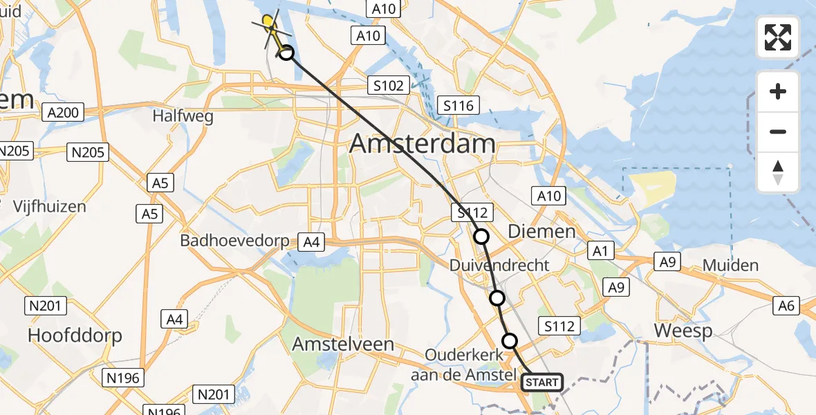 Routekaart van de vlucht: Lifeliner 1 naar Amsterdam Heliport, Stekkenbergweg