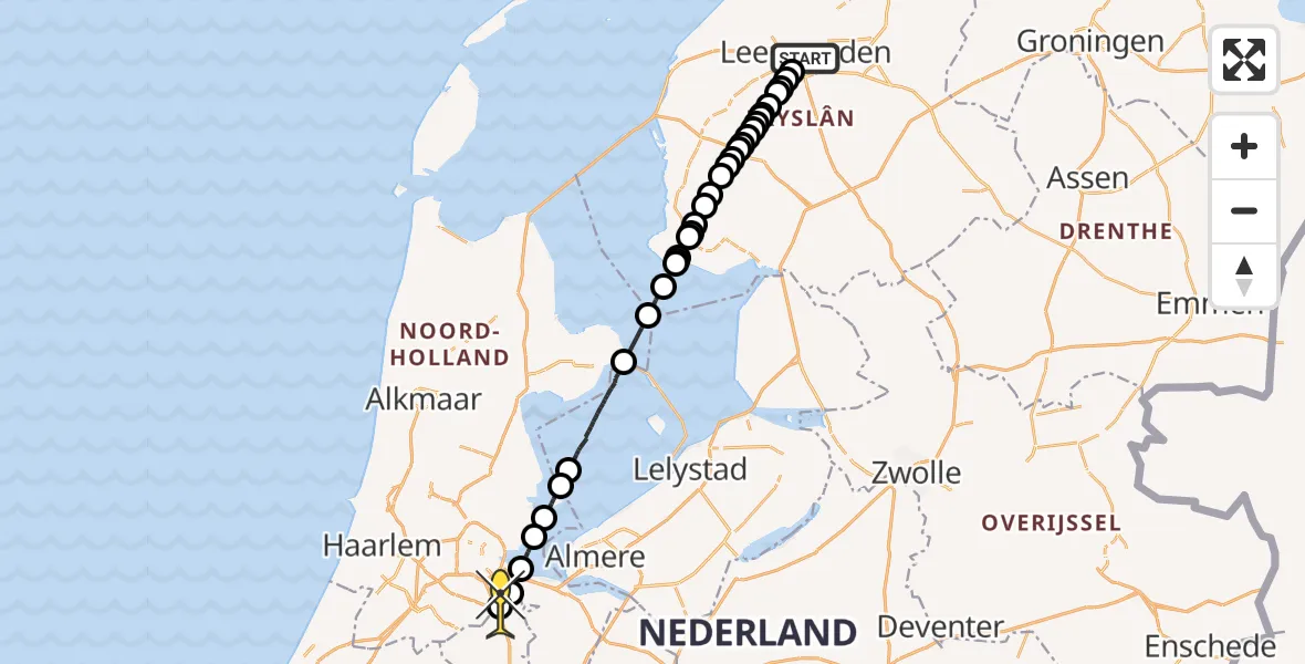 Vluchtroute Ambulancehelikopter van Leeuwarden naar Academisch Medisch Centrum (AMC)