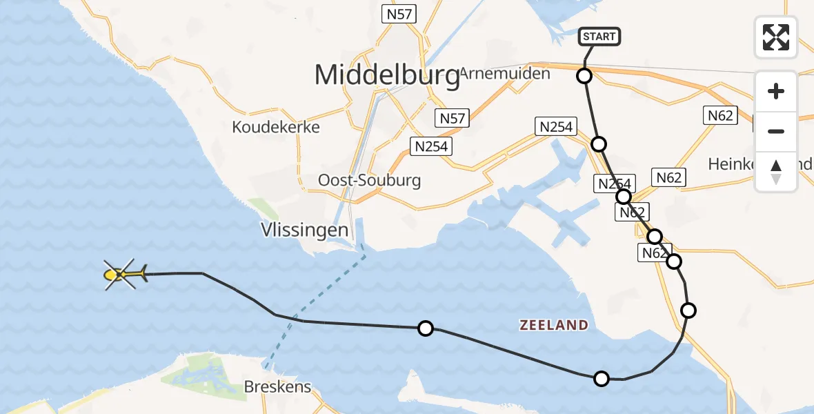 Routekaart van de vlucht: Kustwachthelikopter naar Vlissingen, Postweg