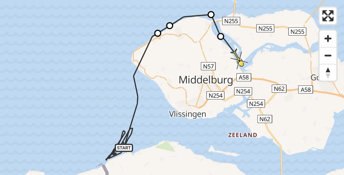 Routekaart van de vlucht: Kustwachthelikopter naar Arnemuiden, Boulevard de Wielingen