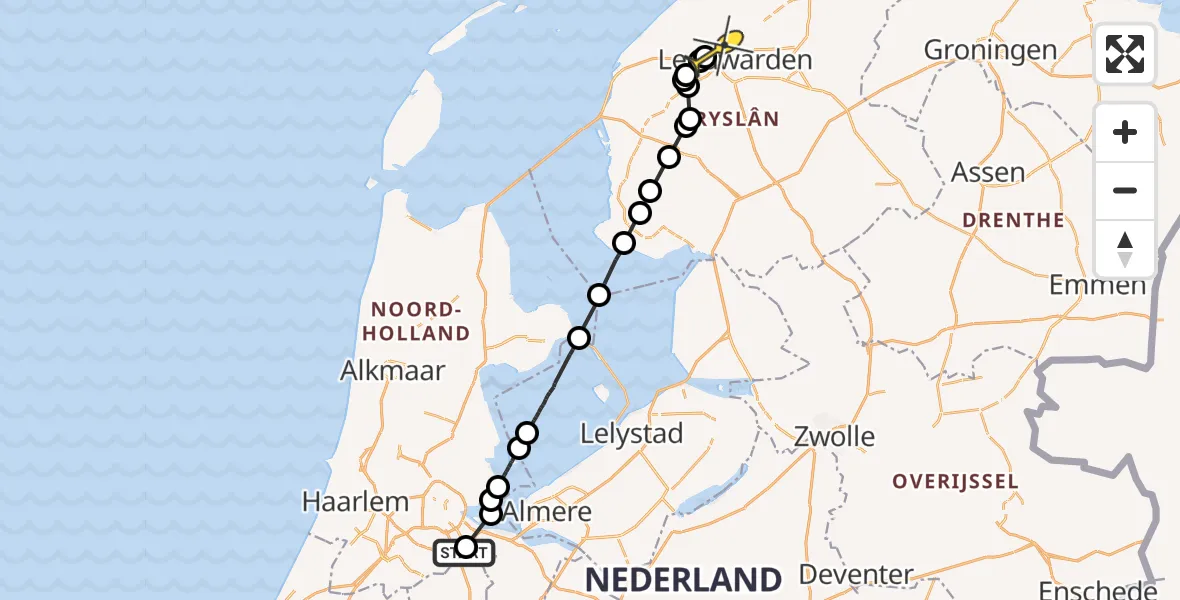 Routekaart van de vlucht: Ambulancehelikopter naar Marsum, Leerdamhof