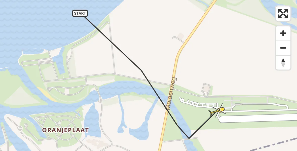 Routekaart van de vlucht: Kustwachthelikopter naar Vliegveld Midden-Zeeland, Calandweg