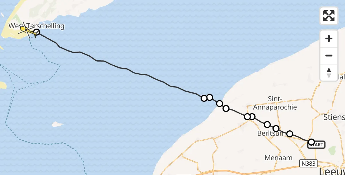 Routekaart van de vlucht: Ambulanceheli naar West-Terschelling, Sikkemabuorren