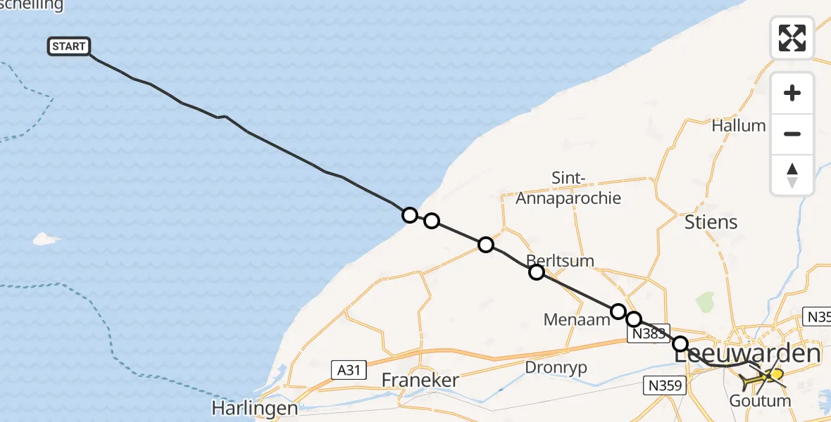 Routekaart van de vlucht: Ambulanceheli naar Leeuwarden, Borniastraat