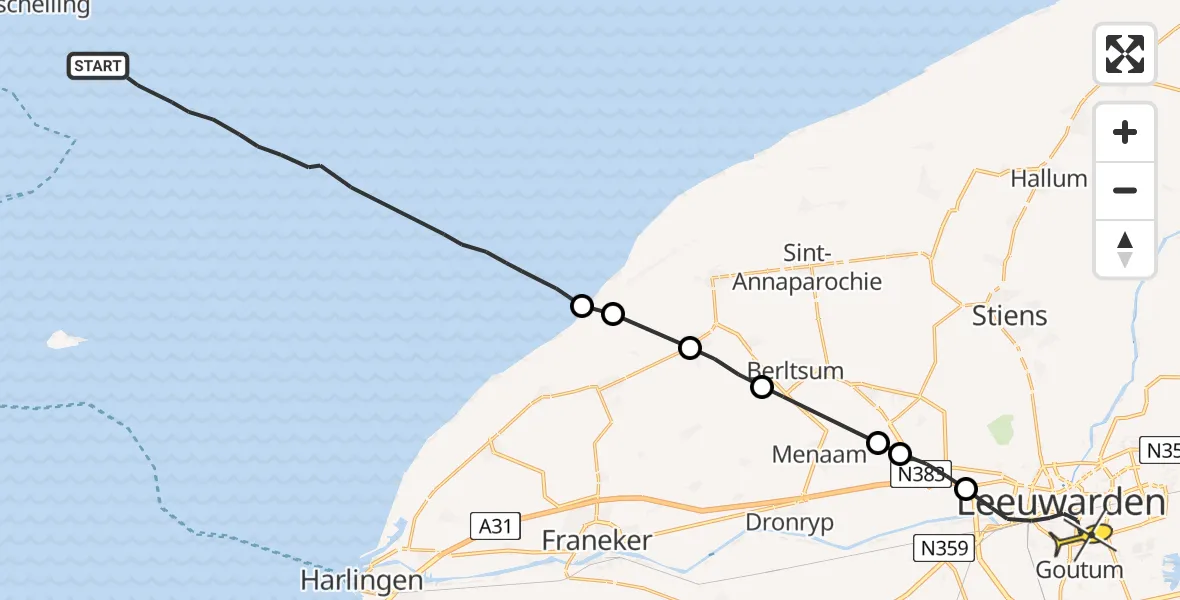 Routekaart van de vlucht: Ambulancehelikopter naar Leeuwarden, Borniastraat