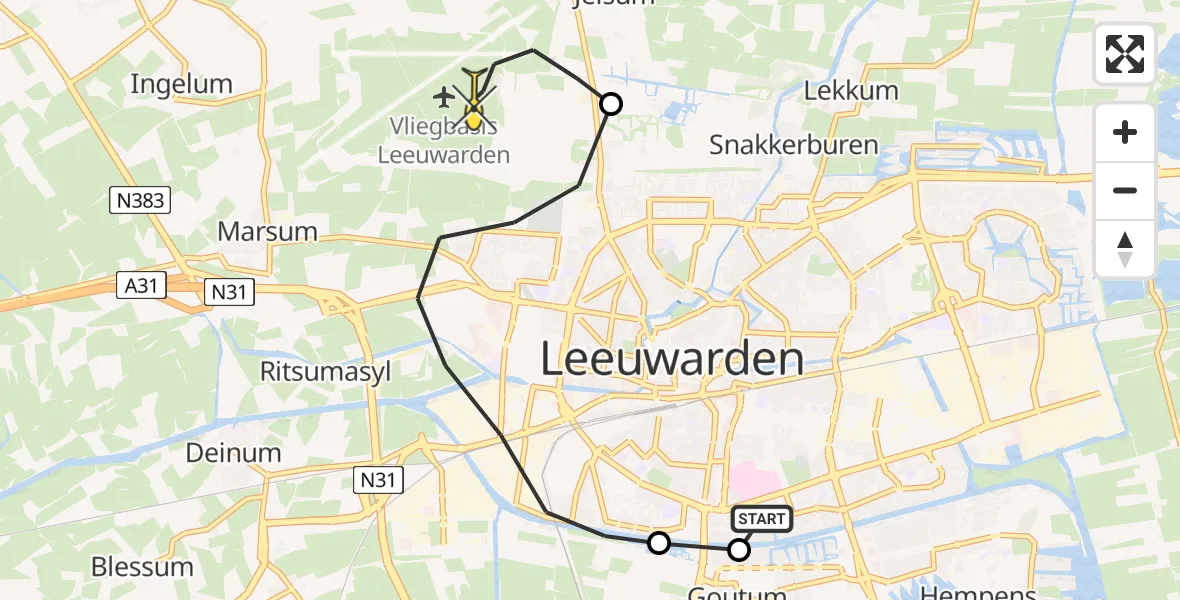 Vluchtroute Ambulancehelikopter van Leeuwarden naar Vliegbasis Leeuwarden