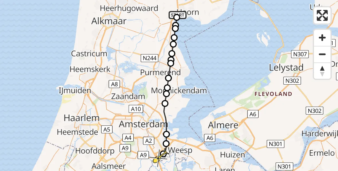 Routekaart van de vlucht: Lifeliner 1 naar Academisch Medisch Centrum (AMC), Aanleg oeverdijk Markermeerdijk Hoorn-Schardam en aanleg Stadsstrand Hoorn (gereed 2023)