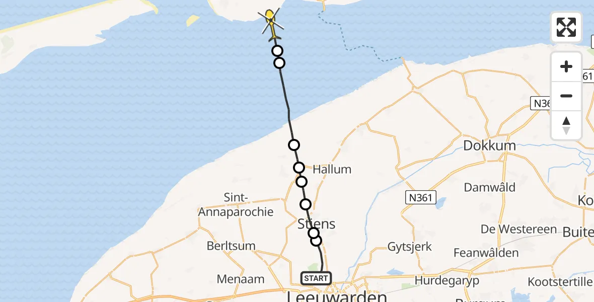 Routekaart van de vlucht: Ambulancehelikopter naar Ballum, Jelsumer Feart