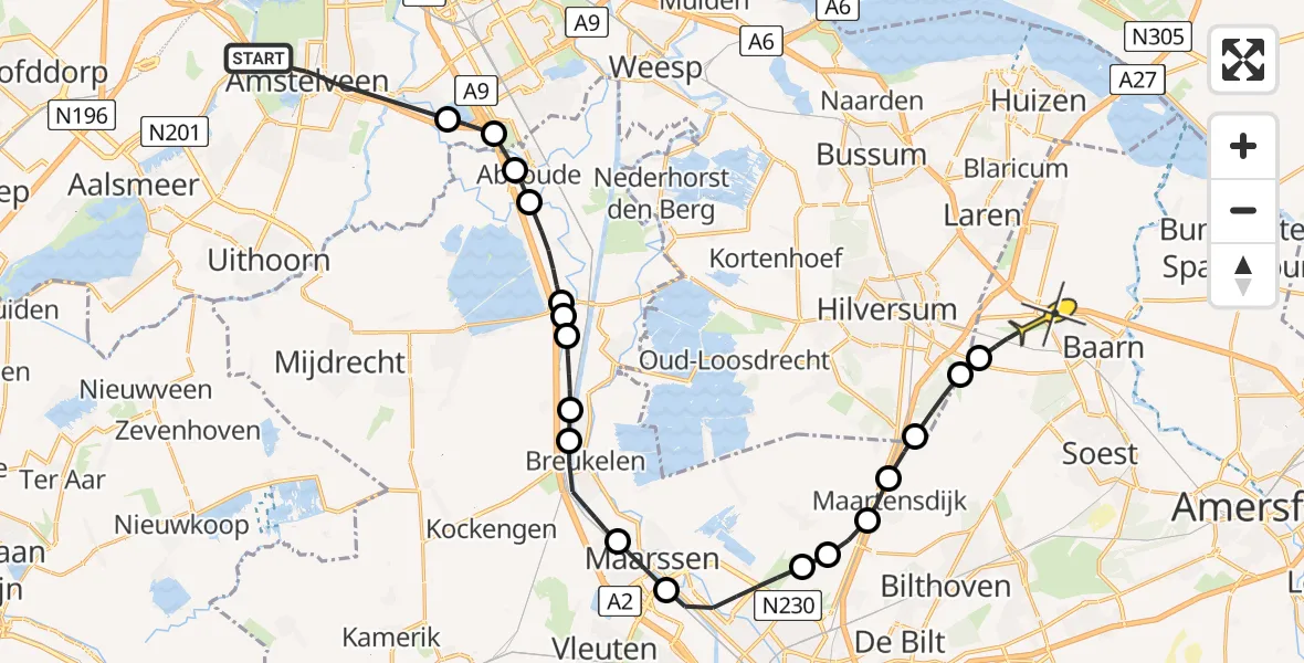 Routekaart van de vlucht: Politieheli naar Baarn, Rijksweg A9