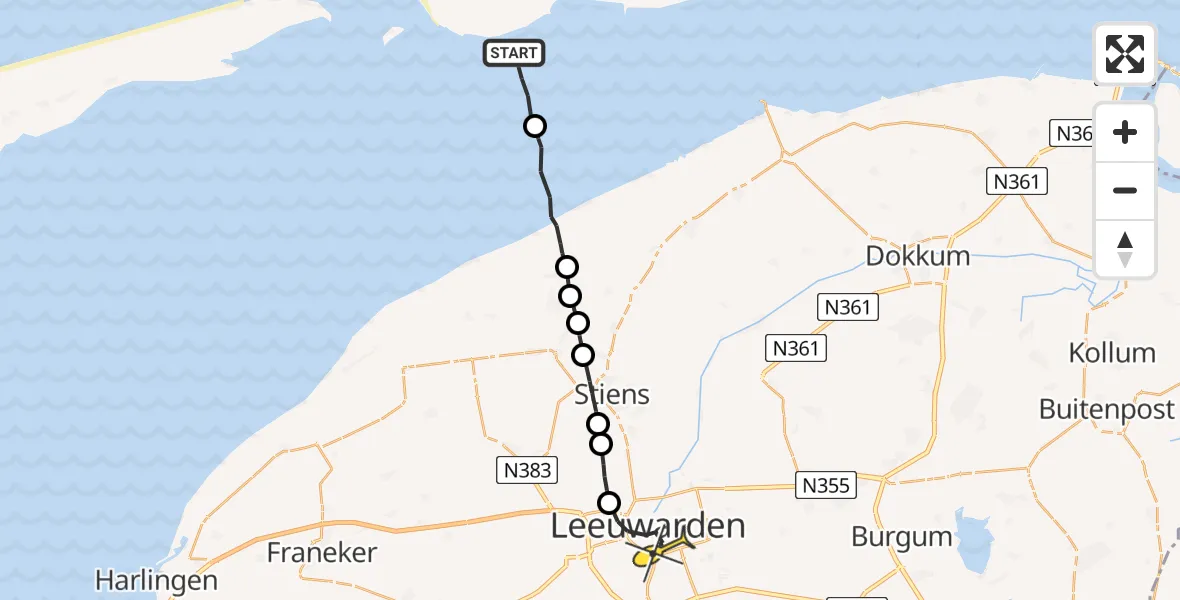 Routekaart van de vlucht: Ambulanceheli naar Leeuwarden, Robbentocht WL35 Brakzand