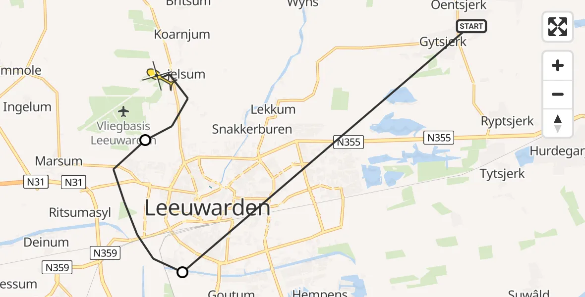 Routekaart van de vlucht: Ambulanceheli naar Vliegbasis Leeuwarden, Nijlânsdyk