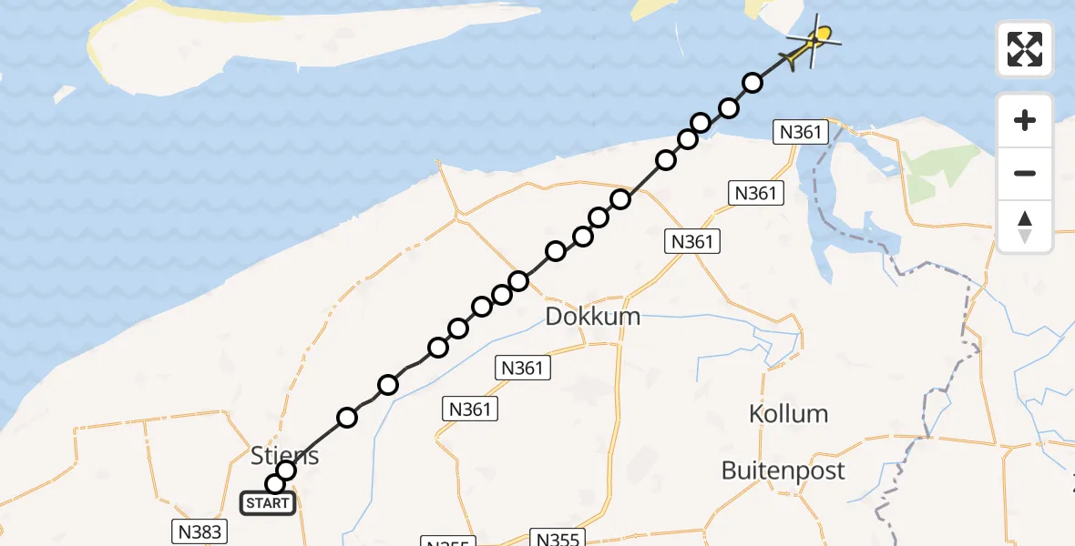 Routekaart van de vlucht: Ambulanceheli naar Schiermonnikoog, Brédyk