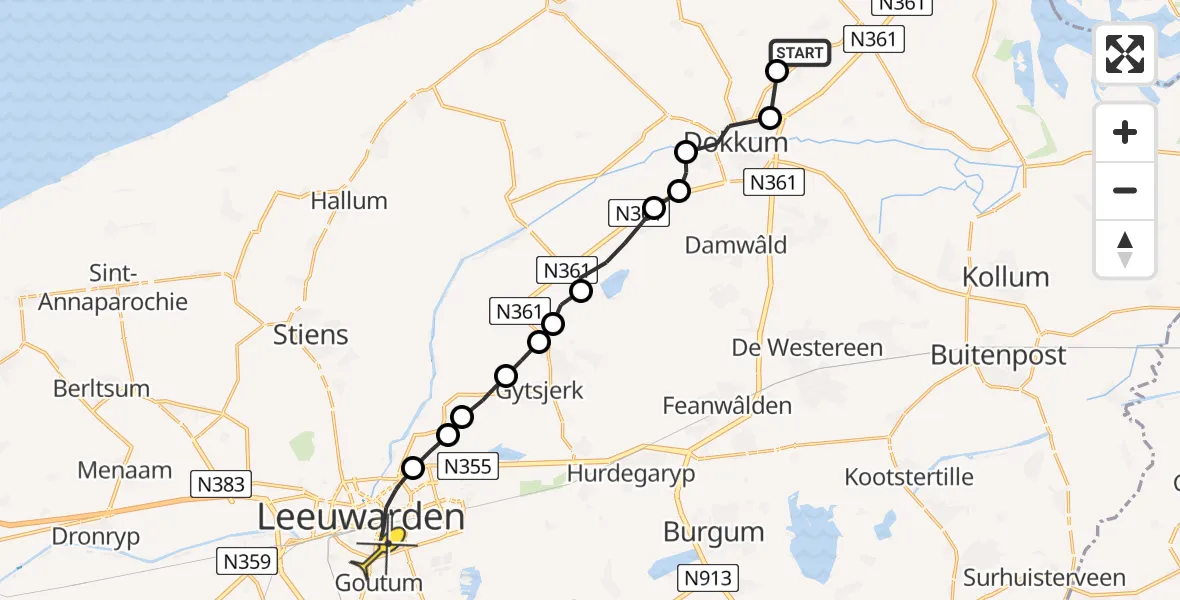 Routekaart van de vlucht: Ambulanceheli naar Leeuwarden, Dokkumerwei