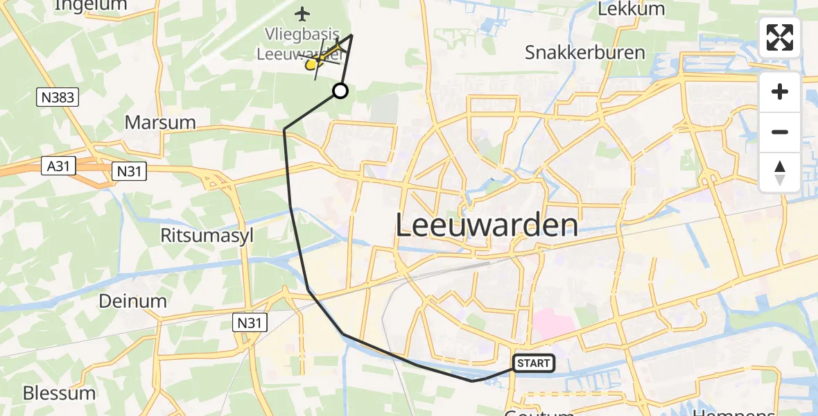 Vluchtroute Ambulancehelikopter van Leeuwarden naar Vliegbasis Leeuwarden