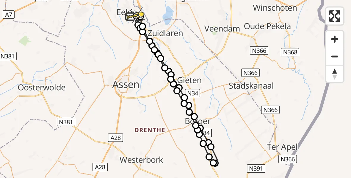 Routekaart van de vlucht: Lifeliner 4 naar Groningen Airport Eelde, Molendwarsstraat