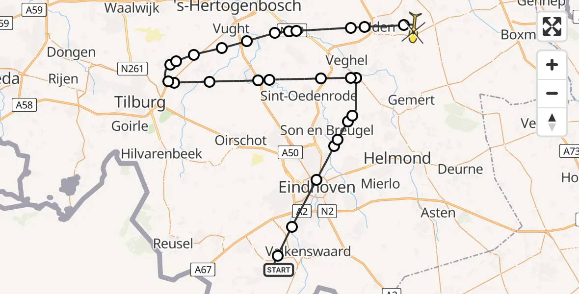 Routekaart van de vlucht: Lifeliner 3 naar Vliegbasis Volkel, Hoge Bochten