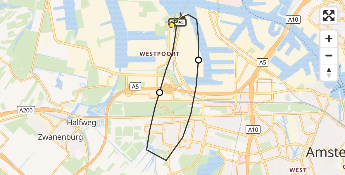 Routekaart van de vlucht: Lifeliner 1 naar Amsterdam Heliport, Nieuw-Zeelandweg