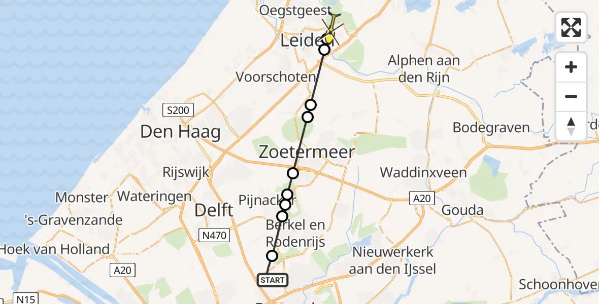 Routekaart van de vlucht: Lifeliner 2 naar Leiderdorp, A16 Rotterdam