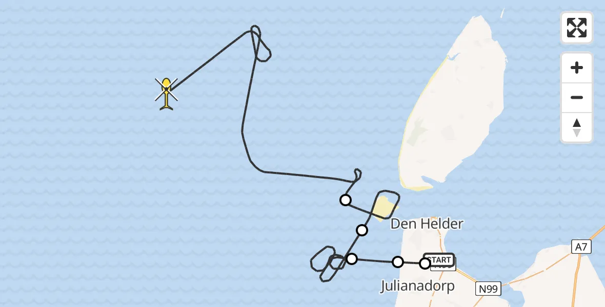 Routekaart van de vlucht: Kustwachthelikopter naar Middenvliet