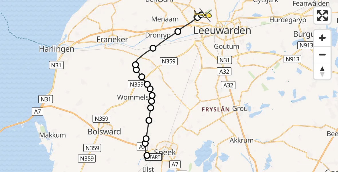 Routekaart van de vlucht: Ambulanceheli naar Vliegbasis Leeuwarden, Stadsrondweg-Zuid