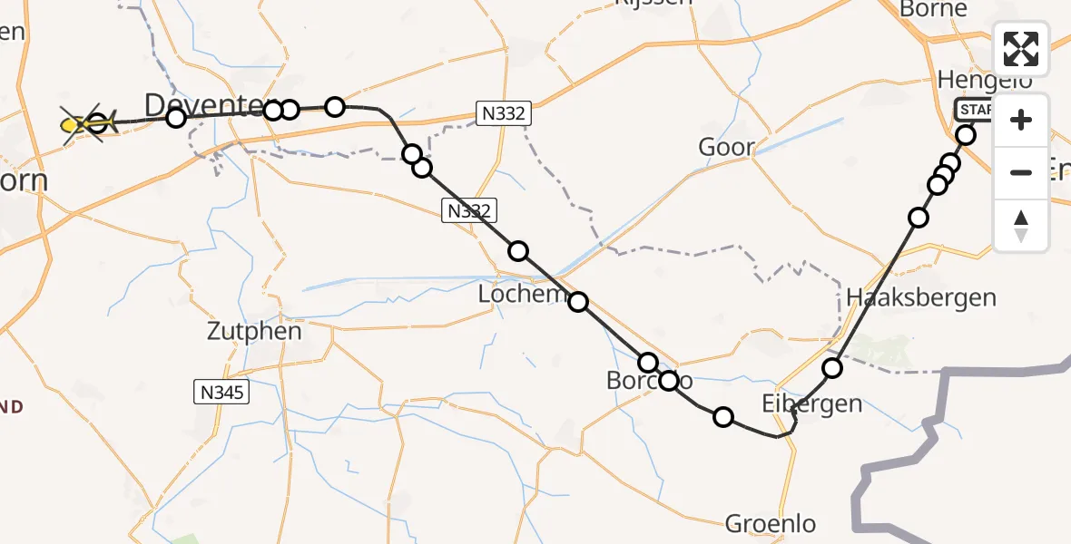 Routekaart van de vlucht: Politieheli naar Vliegveld Teuge, Topaasstraat