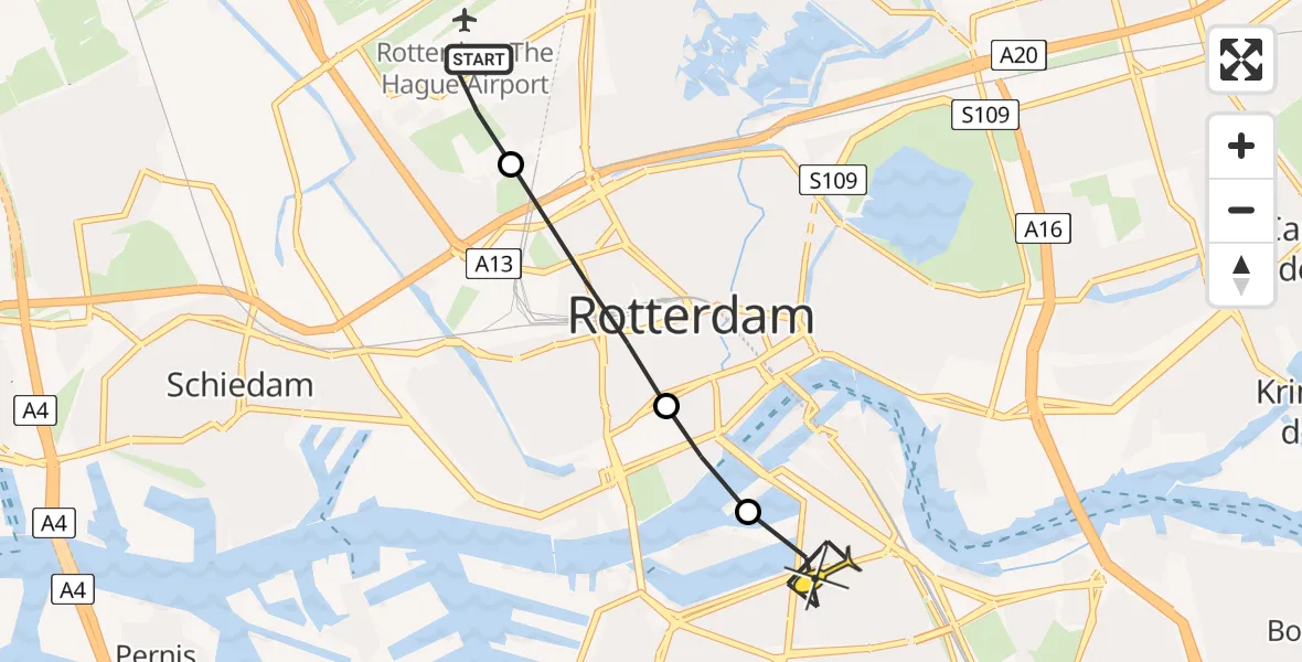 Routekaart van de vlucht: Lifeliner 2 naar Rotterdam, Overschiese Kleiweg