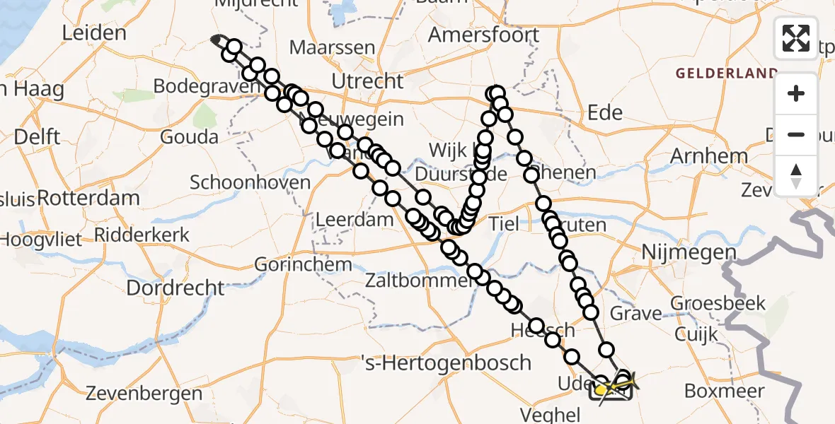 Routekaart van de vlucht: Politieheli naar Vliegbasis Volkel, Kromstraat