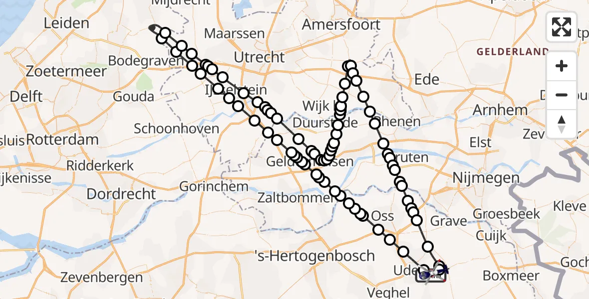 Routekaart van de vlucht: Politiehelikopter naar Vliegbasis Volkel, Kromstraat