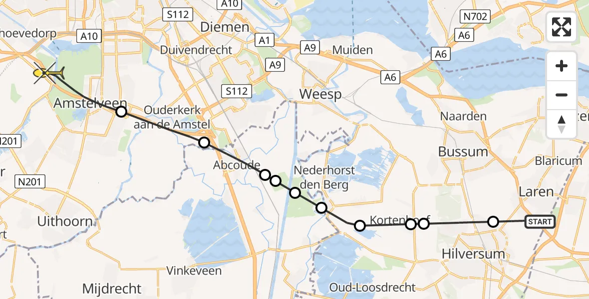 Routekaart van de vlucht: Politieheli naar Badhoevedorp, Hilversumseweg