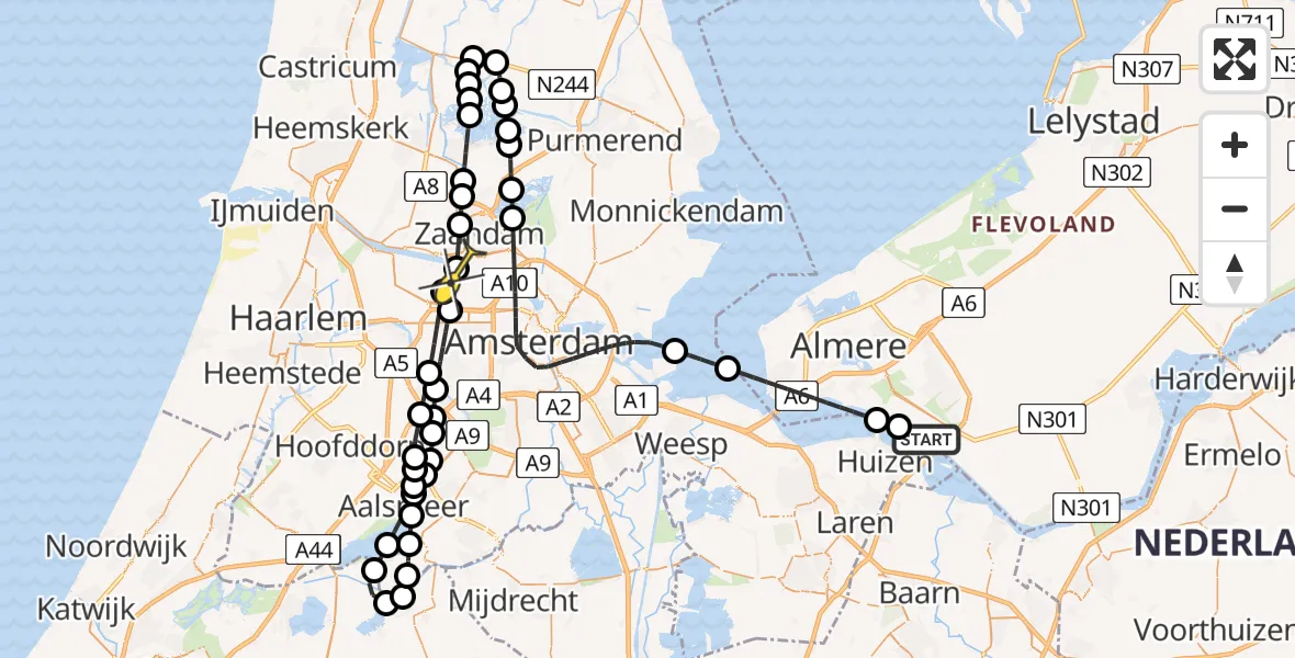 Routekaart van de vlucht: Lifeliner 1 naar Amsterdam Heliport, Gooimeerdijk-Oost