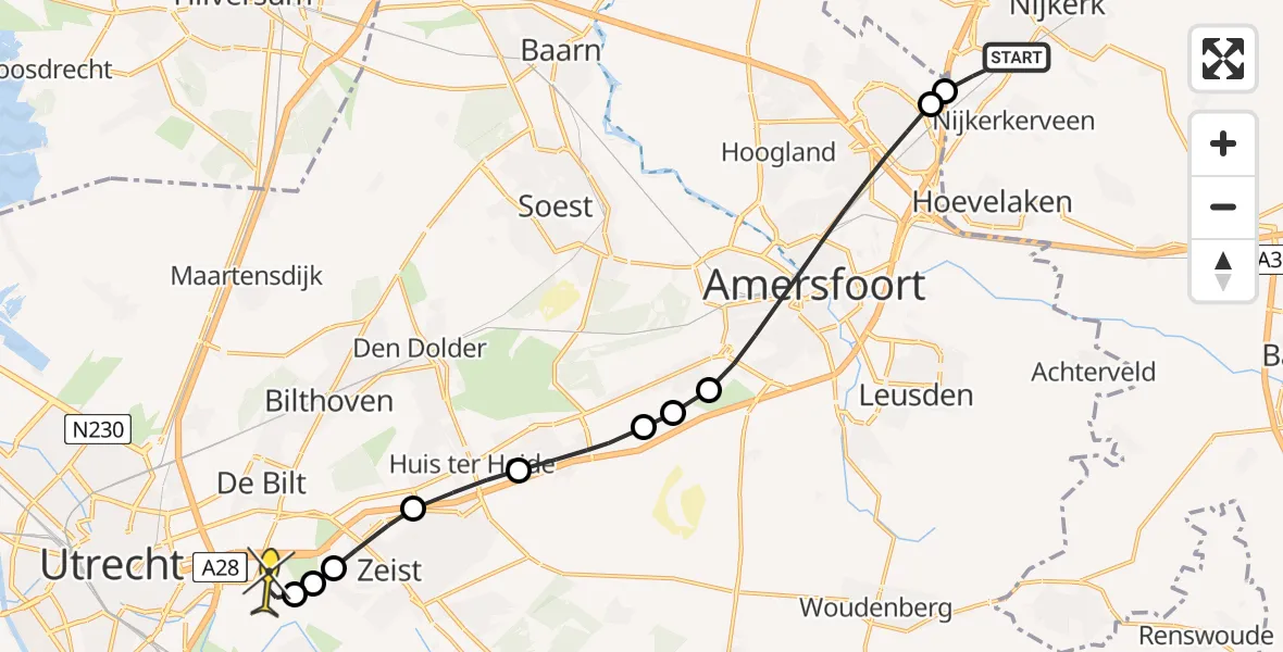 Routekaart van de vlucht: Lifeliner 3 naar Universitair Medisch Centrum Utrecht, Swaerstraat