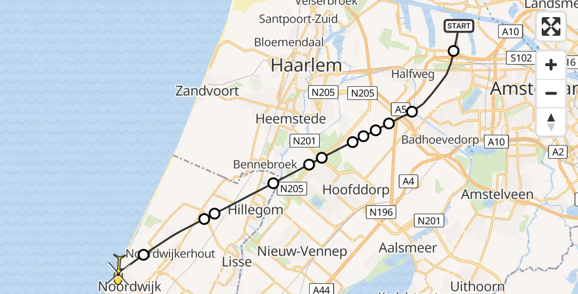 Routekaart van de vlucht: Lifeliner 1 naar Noordwijk, Nieuw-Zeelandweg