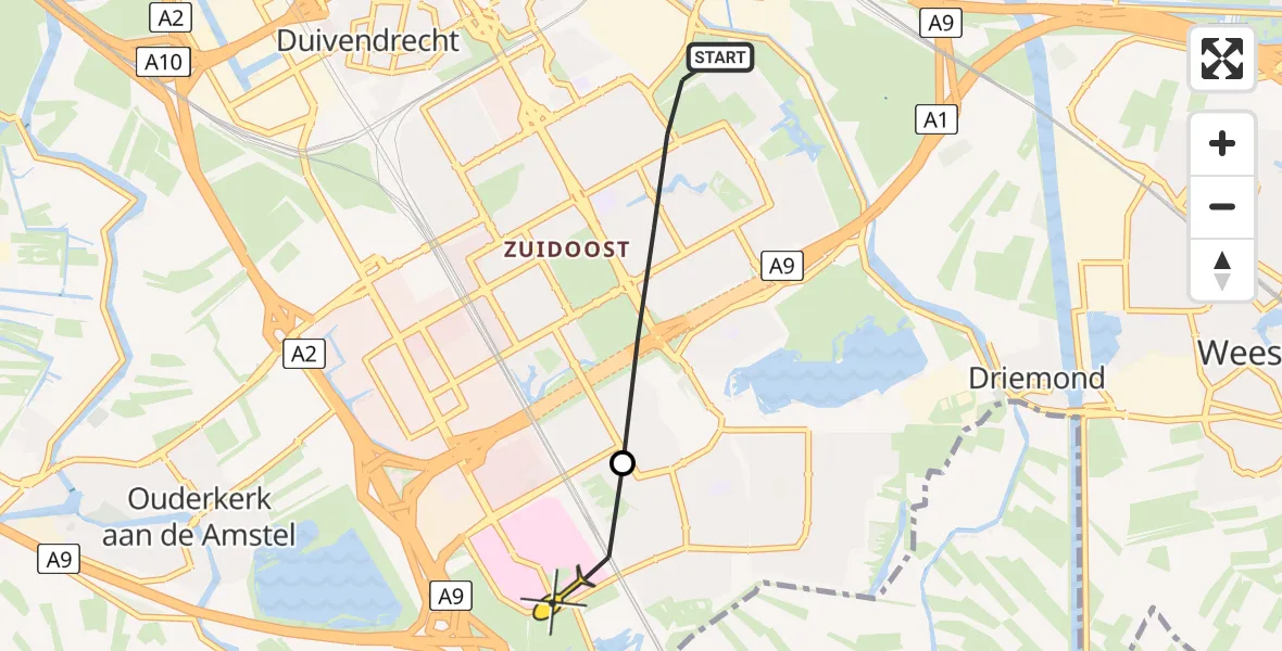 Routekaart van de vlucht: Lifeliner 1 naar Academisch Medisch Centrum (AMC), Kolfschotenstraat