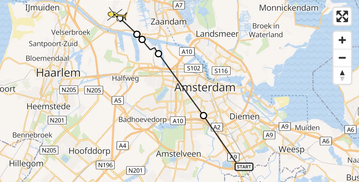 Routekaart van de vlucht: Lifeliner 1 naar Assendelft, Meibergpad