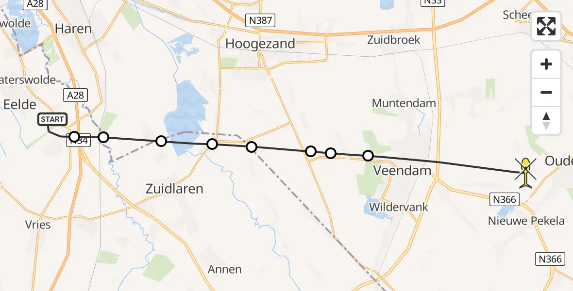 Routekaart van de vlucht: Lifeliner 4 naar Oude Pekela, Duinstraat