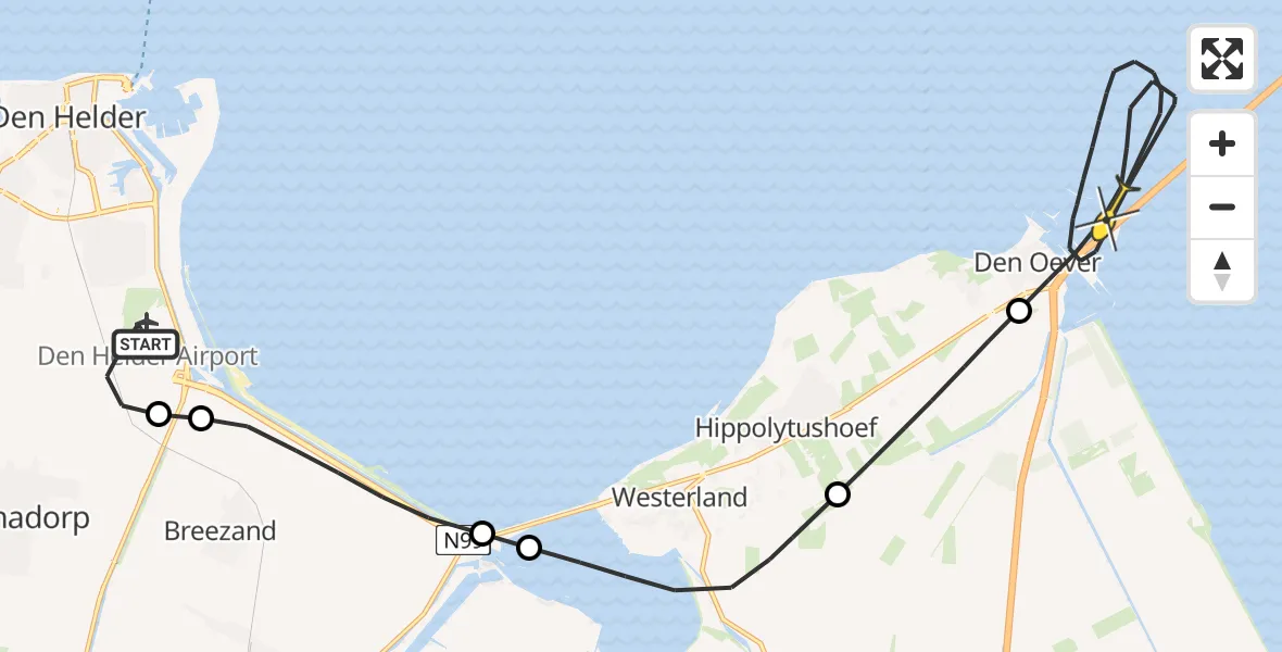 Routekaart van de vlucht: Kustwachthelikopter naar Den Oever, Kortevliet