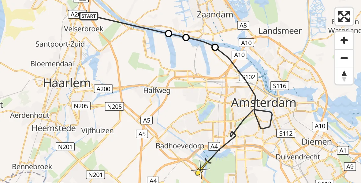 Routekaart van de vlucht: Politieheli naar Badhoevedorp, Alaskahaven