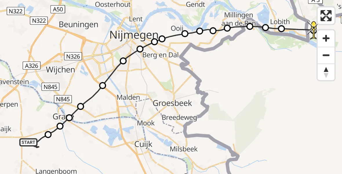 Routekaart van de vlucht: Politieheli naar Emmerik aan de Rijn, Reeksche Heide