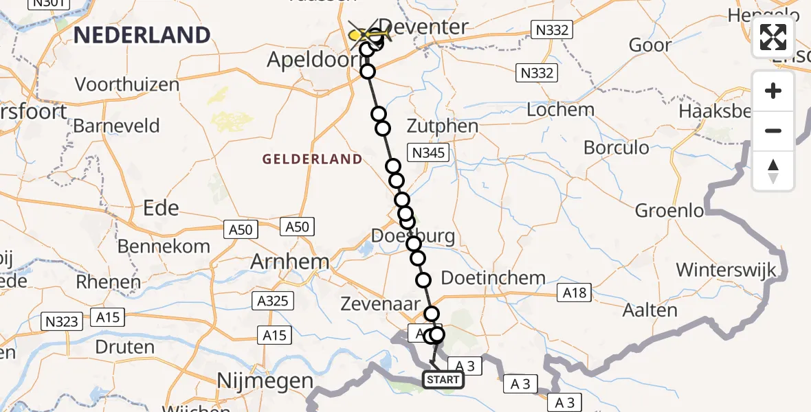 Routekaart van de vlucht: Politiehelikopter naar Vliegveld Teuge, de Zanden