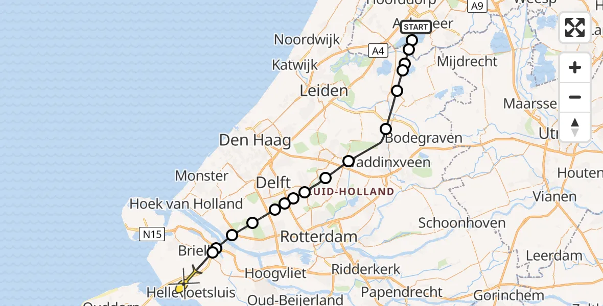 Routekaart van de vlucht: Politieheli naar Hellevoetsluis, Schuilhaven De Kwakel