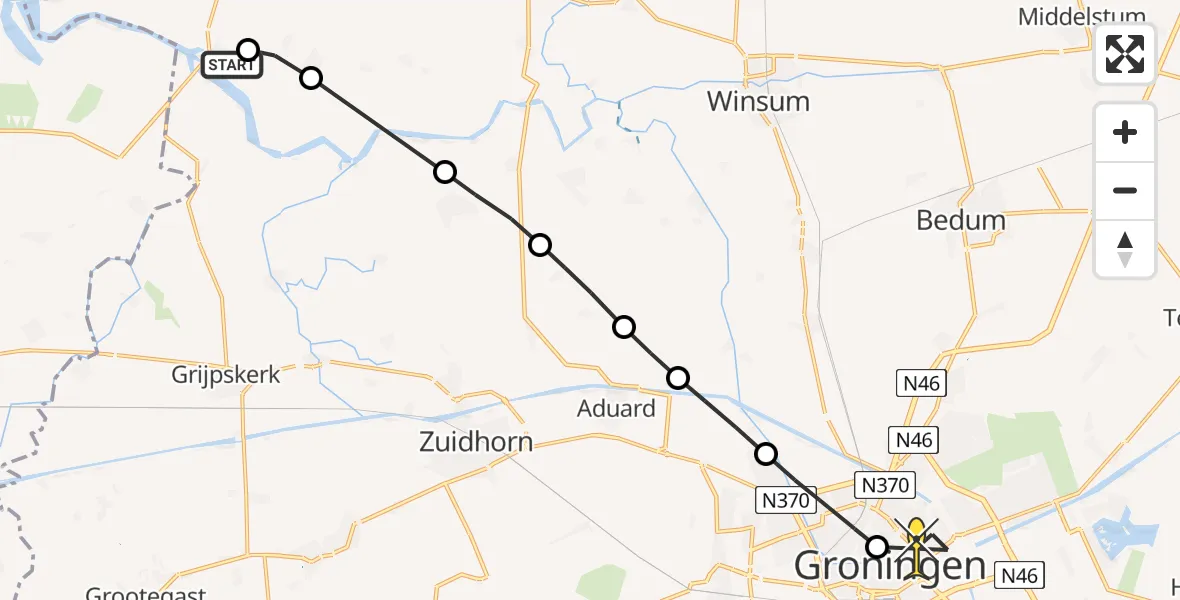 Routekaart van de vlucht: Lifeliner 4 naar Universitair Medisch Centrum Groningen, Zoutkamperweg