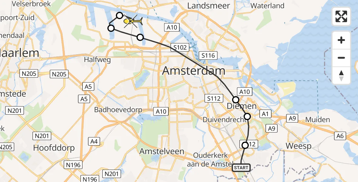 Routekaart van de vlucht: Lifeliner 1 naar Amsterdam Heliport, Maasdrielhof