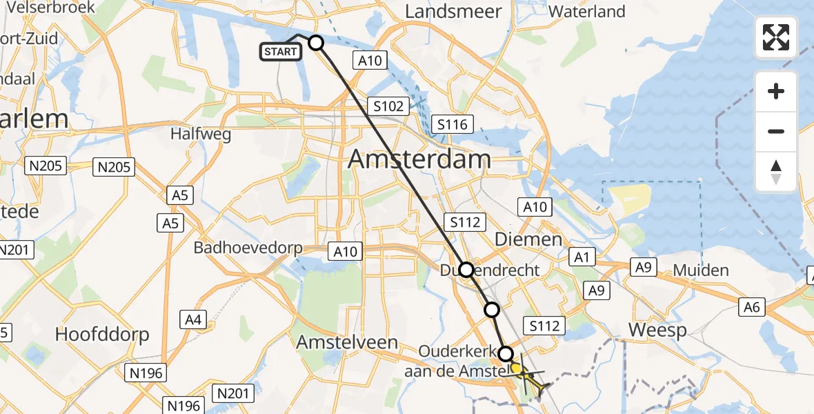 Routekaart van de vlucht: Lifeliner 1 naar Academisch Medisch Centrum (AMC), Belangenvereniging tuinders Zaanderhorn