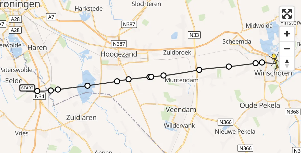 Routekaart van de vlucht: Lifeliner 4 naar Winschoten, Burgemeester J.G. Legroweg