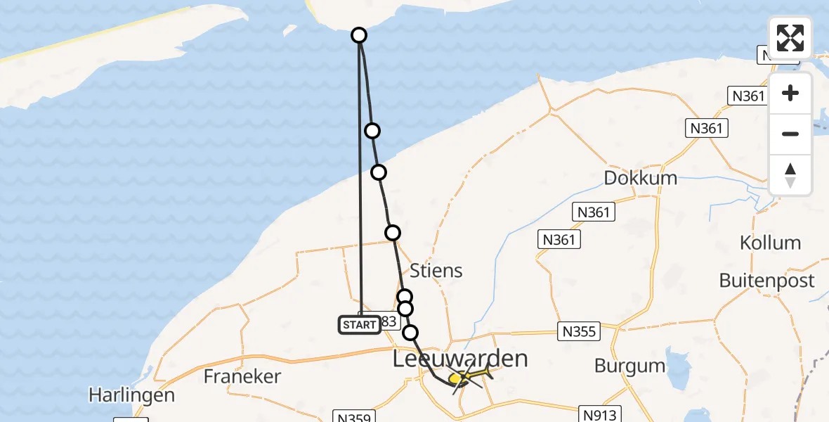 Routekaart van de vlucht: Ambulanceheli naar Leeuwarden, Oosterwijdesloot