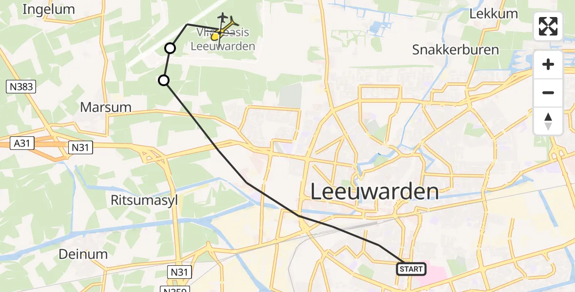 Vluchtroute Ambulancehelikopter van Leeuwarden naar Vliegbasis Leeuwarden