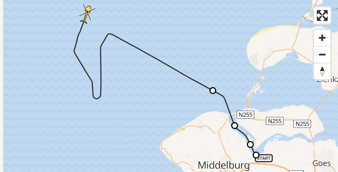 Routekaart van de vlucht: Kustwachthelikopter naar Oranjeplaat
