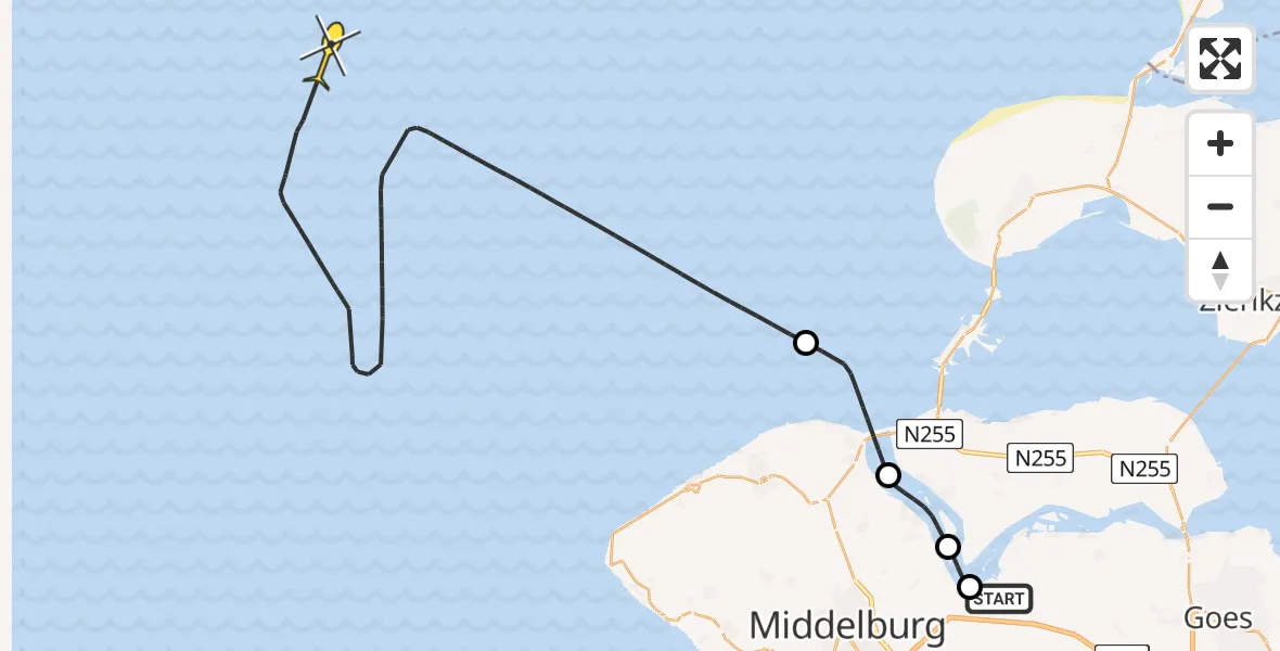 Vluchtroute Kustwachthelikopter van Vliegveld Midden-Zeeland naar 