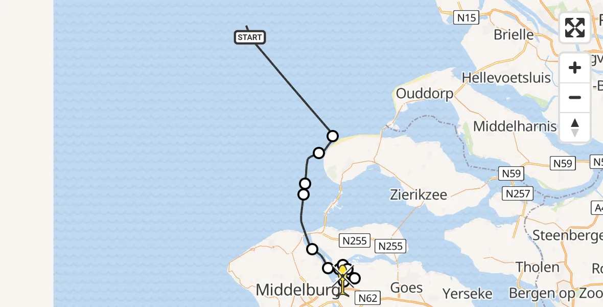 Routekaart van de vlucht: Kustwachthelikopter naar Vliegveld Midden-Zeeland, Batterijweg